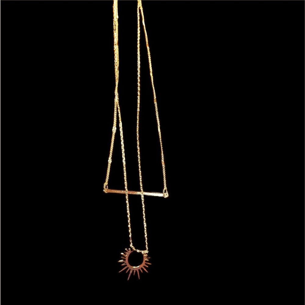 Express Starburst Gold Sun and Gold bar Layered Necklace, Rising Sun Necklace